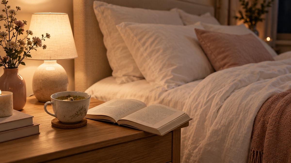 Table de chevet avec lampe, tisane et livre