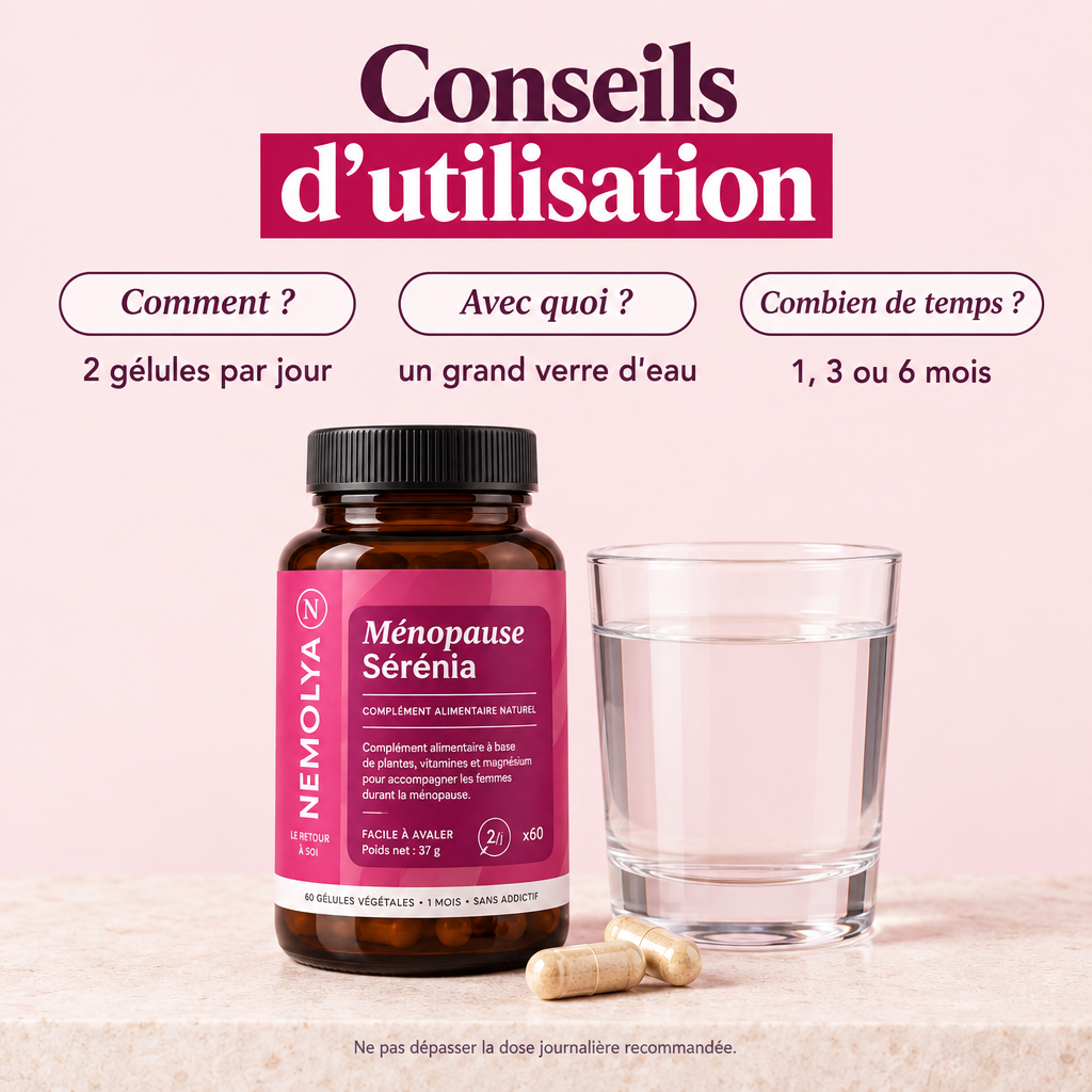 Conseils d'utilisation : 2 gélules par jour, avec un grand verre d'eau, pendant 1, 3 ou 6 mois